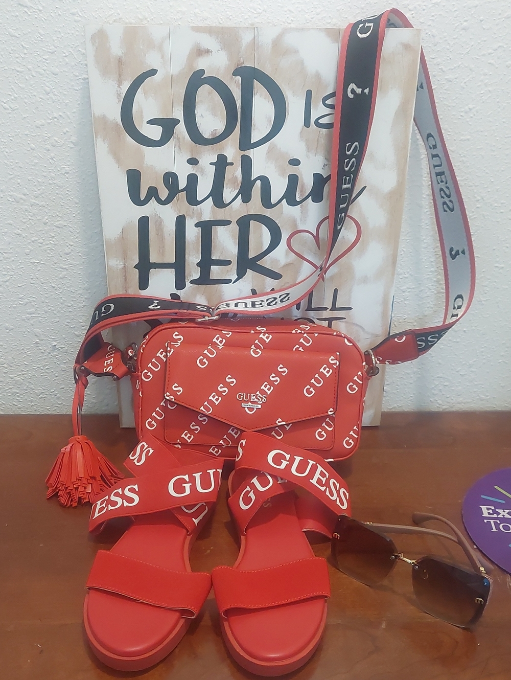 Guess Red Logo Crossbody Bag with Matching Red Slides